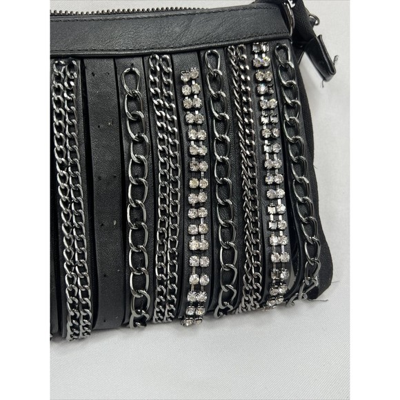Cache Black Purse Clutch D For Shoulder Strap Zipper rhinestone chain embellish - Picture 4 of 12